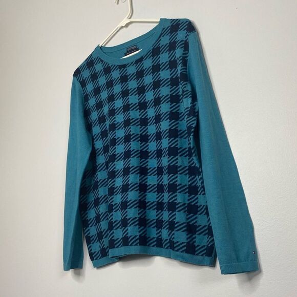 Tommy Hilfiger XL Pima Cotton Long Sleeve Sweater Blue Black Shepard Check Plaid - Picture 1 of 11